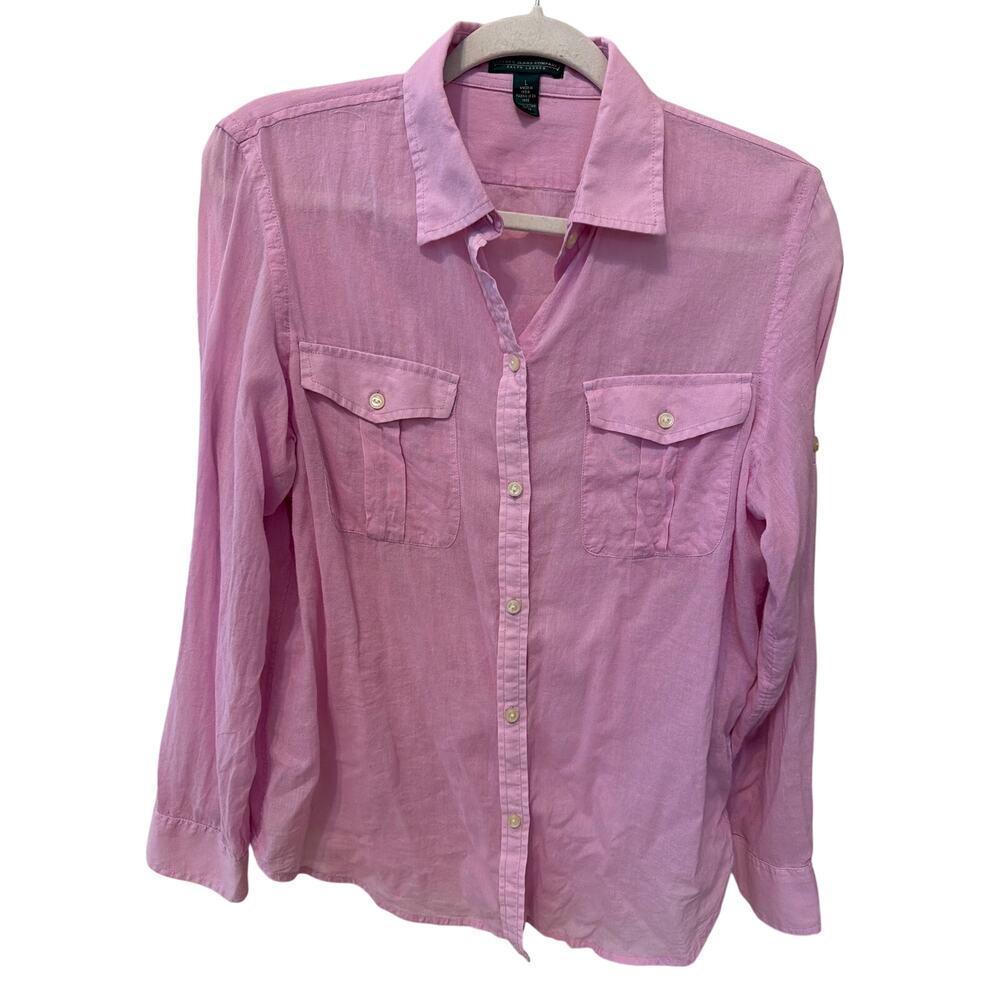 Ralph Lauren Button Up Shirt Women's Large 100% Cotton Purple Lagenlook Preppy